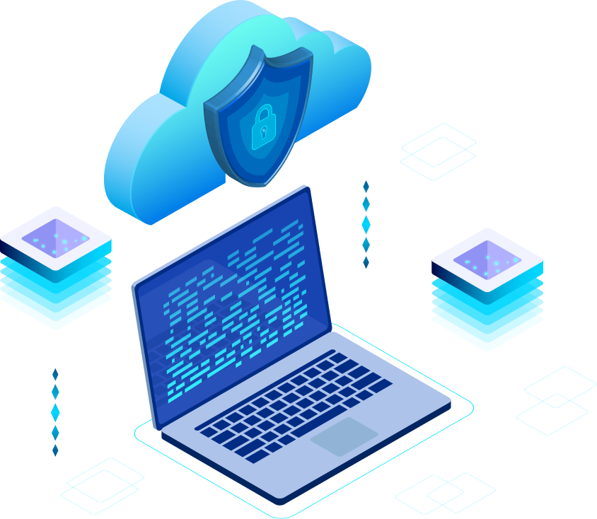 A laptop displays code, flanked by stacked servers, with a secure cloud and shield icon above, symbolizing cybersecurity in a digital environment.