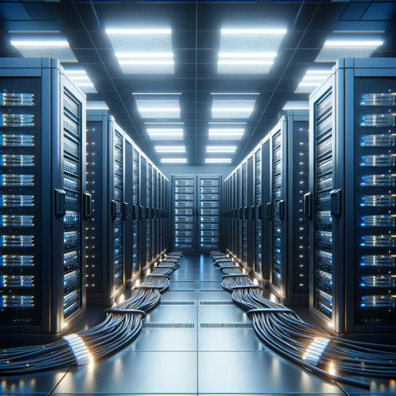 Rows of server racks with glowing lights stand in a brightly lit data center, with numerous cables neatly organized on the reflective floor.