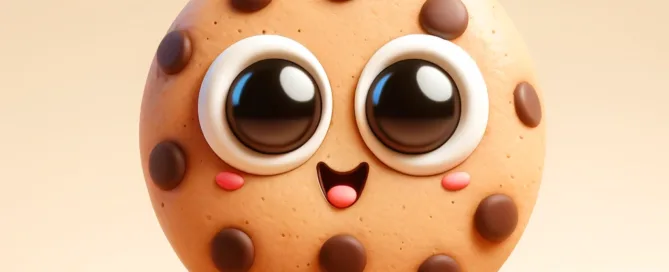 A cartoon chocolate chip cookie with large, shiny eyes and a wide open mouth smiles cheerfully in a light beige background.