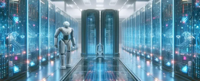 Robots are standing amidst illuminated, transparent server racks in a brightly lit, futuristic data center, characterized by advanced technology and sleek metallic surfaces.