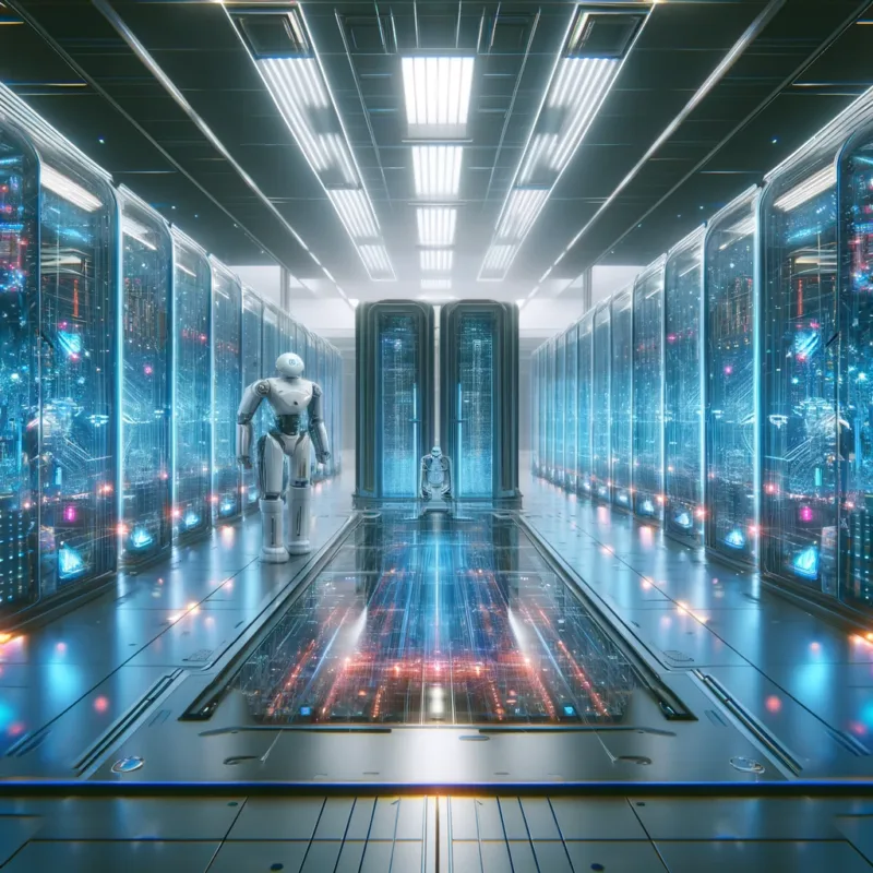 Robots are standing amidst illuminated, transparent server racks in a brightly lit, futuristic data center, characterized by advanced technology and sleek metallic surfaces.