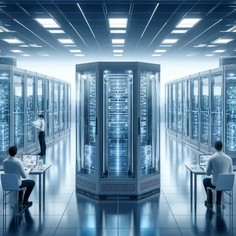 Central server racks glowing with blue lights stand in a spacious, high-tech data center. Two technicians sit at desks using laptops, while another inspects a server rack.