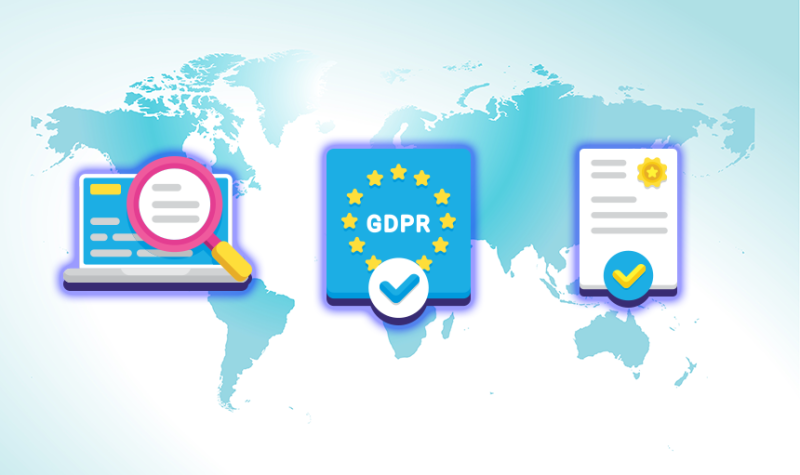 A laptop with a magnifying glass, a GDPR badge with a checkmark, and a document with a seal and checkmark are overlaid on a world map background. Text: "GDPR".